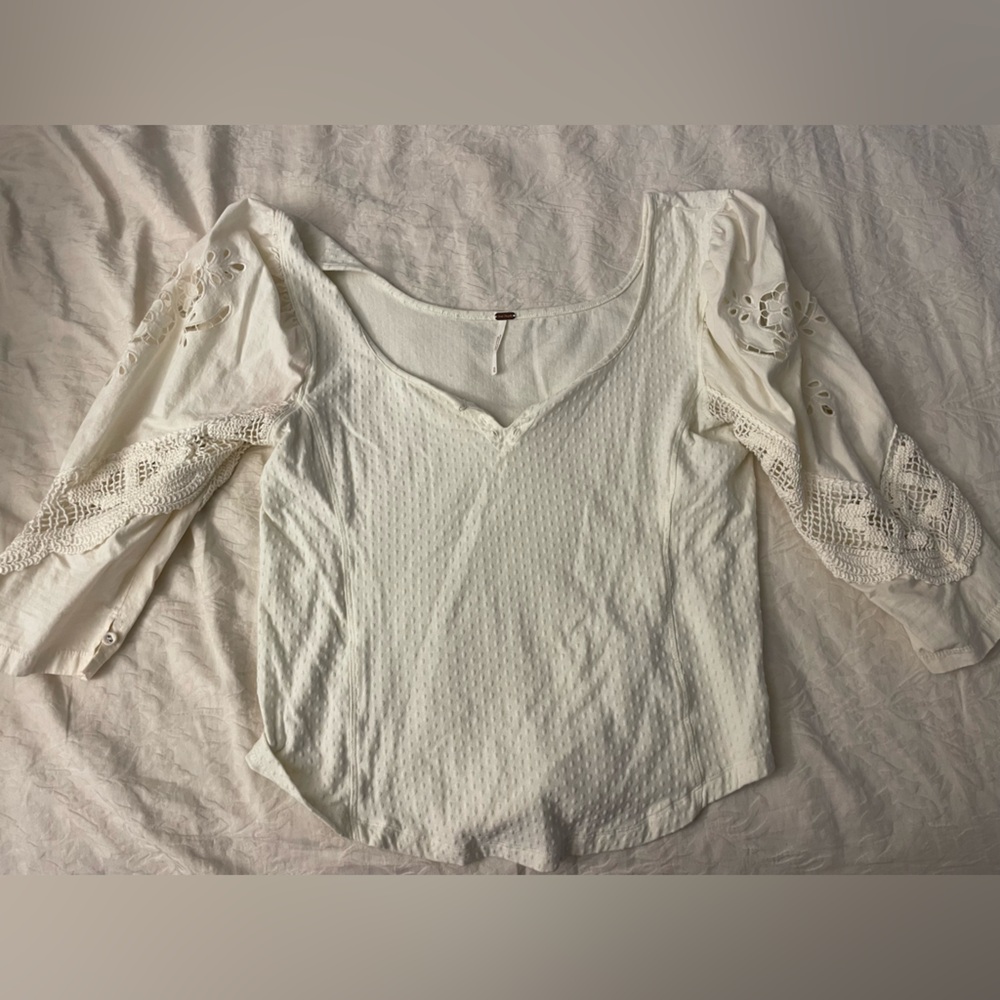 Free People Brunch Date Knit V-Neck 3/4 Puffed Lace Sleeve Top Cotton Size XL